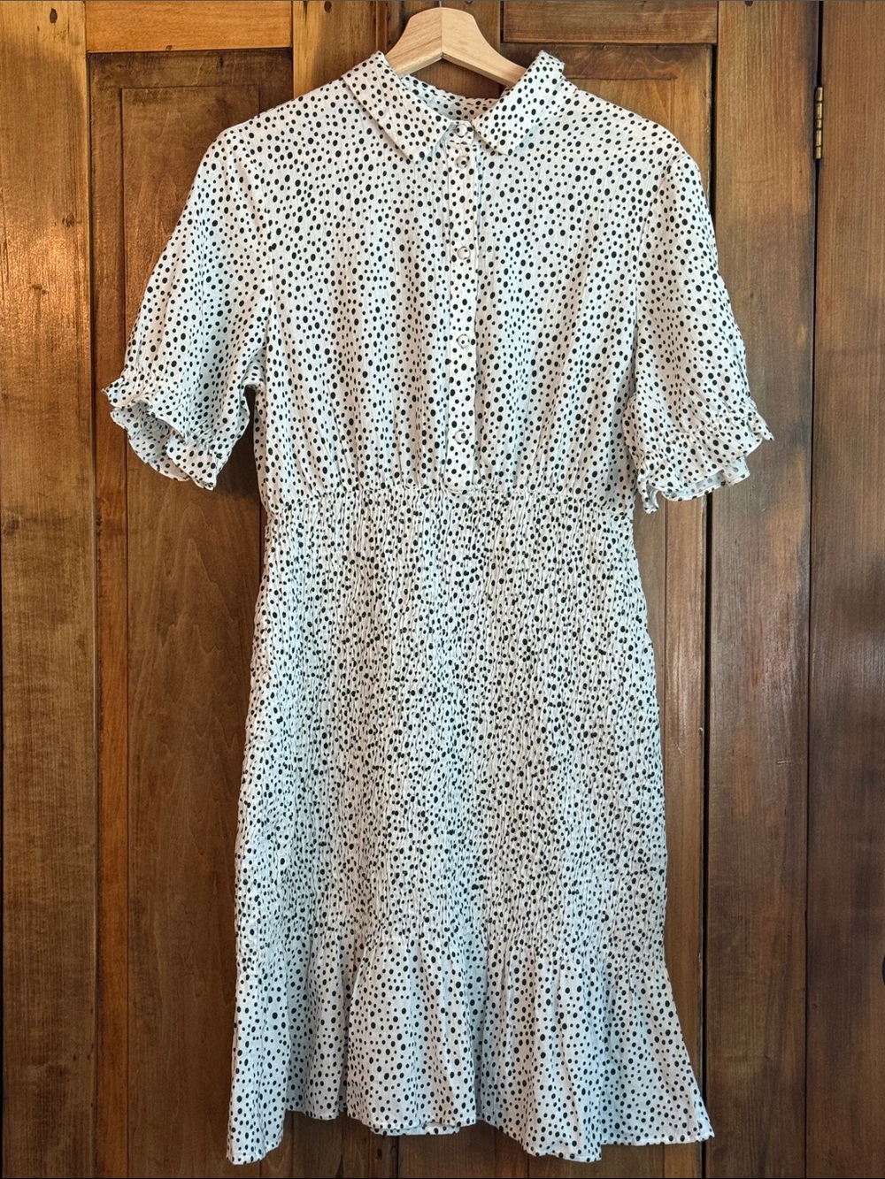 NWT Vero Moda L White Dress w/ Black Polka Dots, Collared Midi Organic Cotton